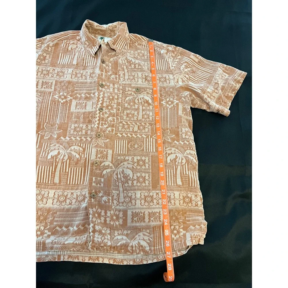 Banana Cabana Mens 100% Silk Hawaiian Shirt Large Terracotta Palm Tree Jacquard
